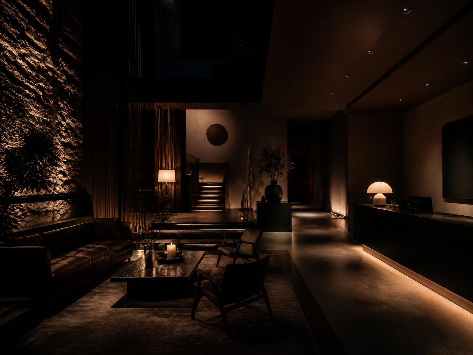 Dimly lit boutique hotel lobby with warm pools of light