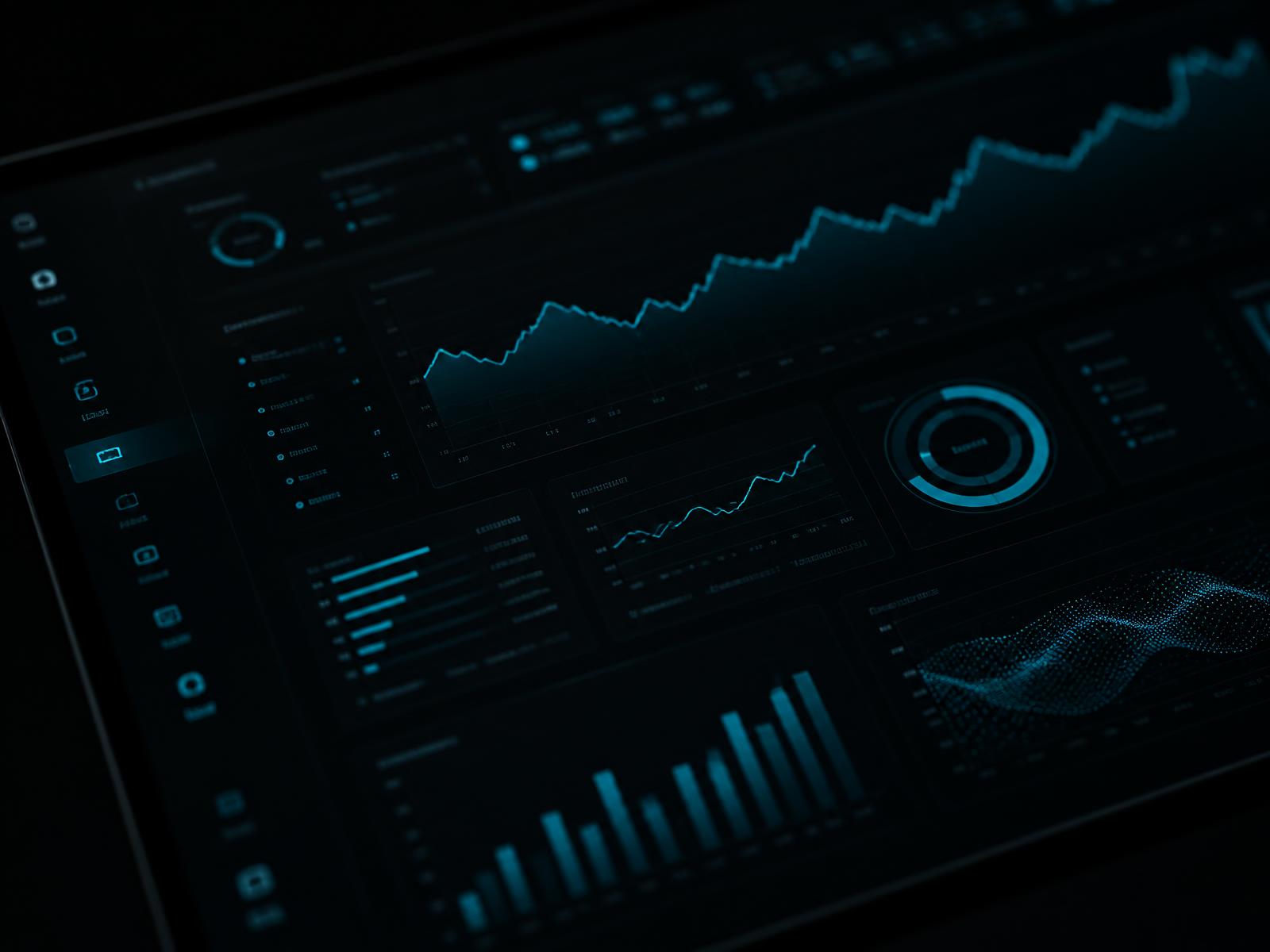 Dark analytics dashboard interface with thin cyan data lines