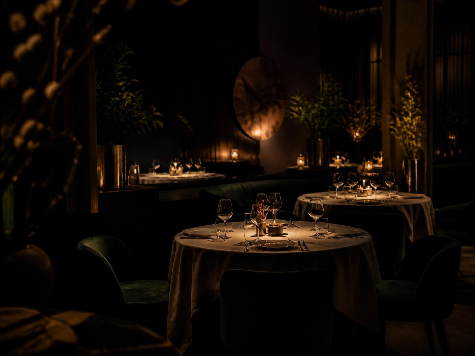 Candlelit fine dining room with laid tables