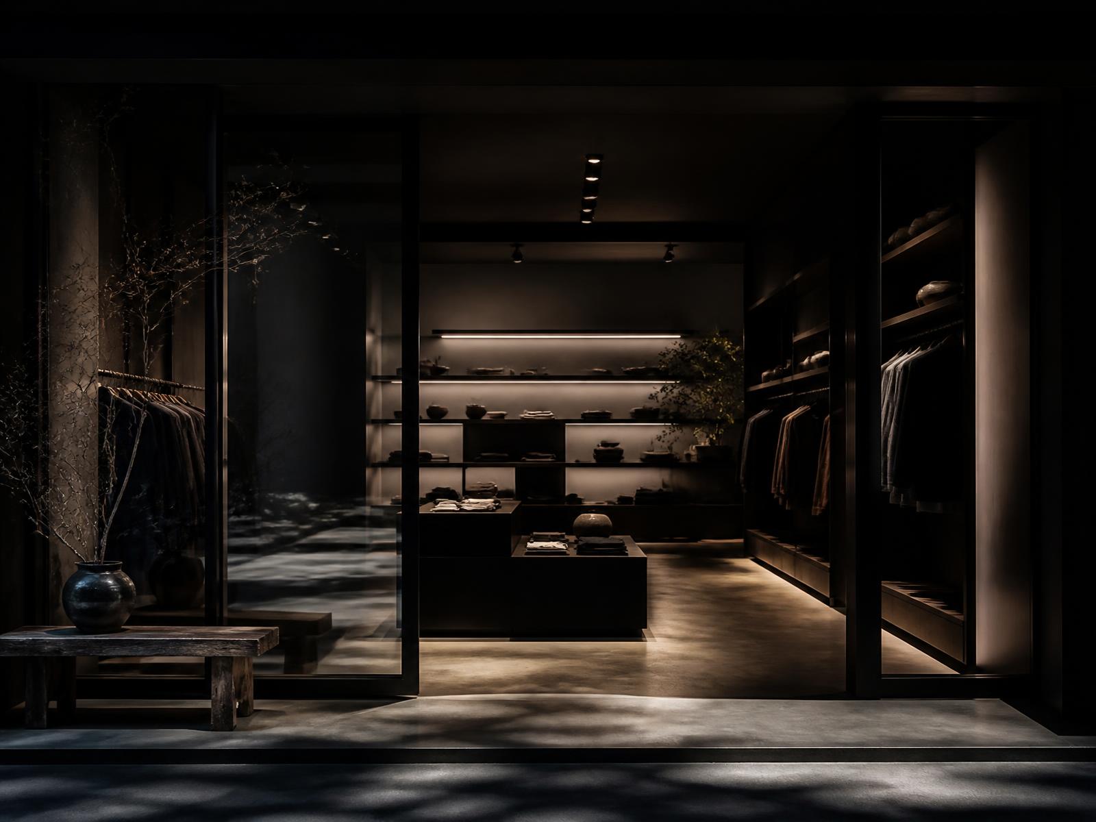 Minimalist boutique retail interior lit by soft directional light